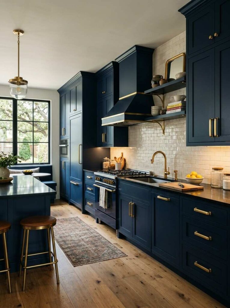 Black countertops with navy blue cabinets gold brass handles and cream backsplash in a dramatic luxurious kitchen