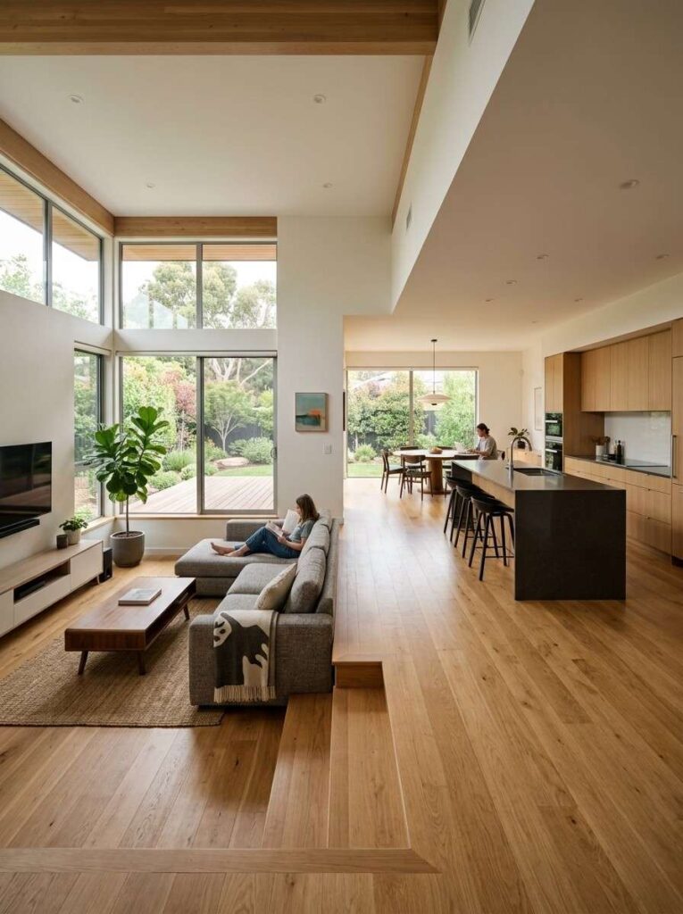 Open-plan home with a sunken living area connected to the kitchen and dining space.