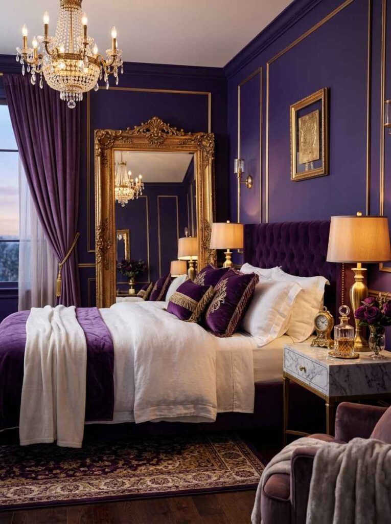 Purple and gold regal bedroom with deep violet wall gold framed mirror brass lamps and velvet cushions