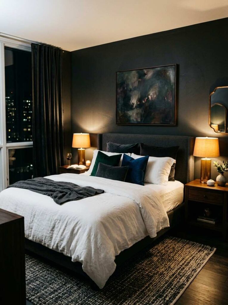 Moody dark charcoal bedroom walls with crisp white bedding and warm lamp lighting for couples