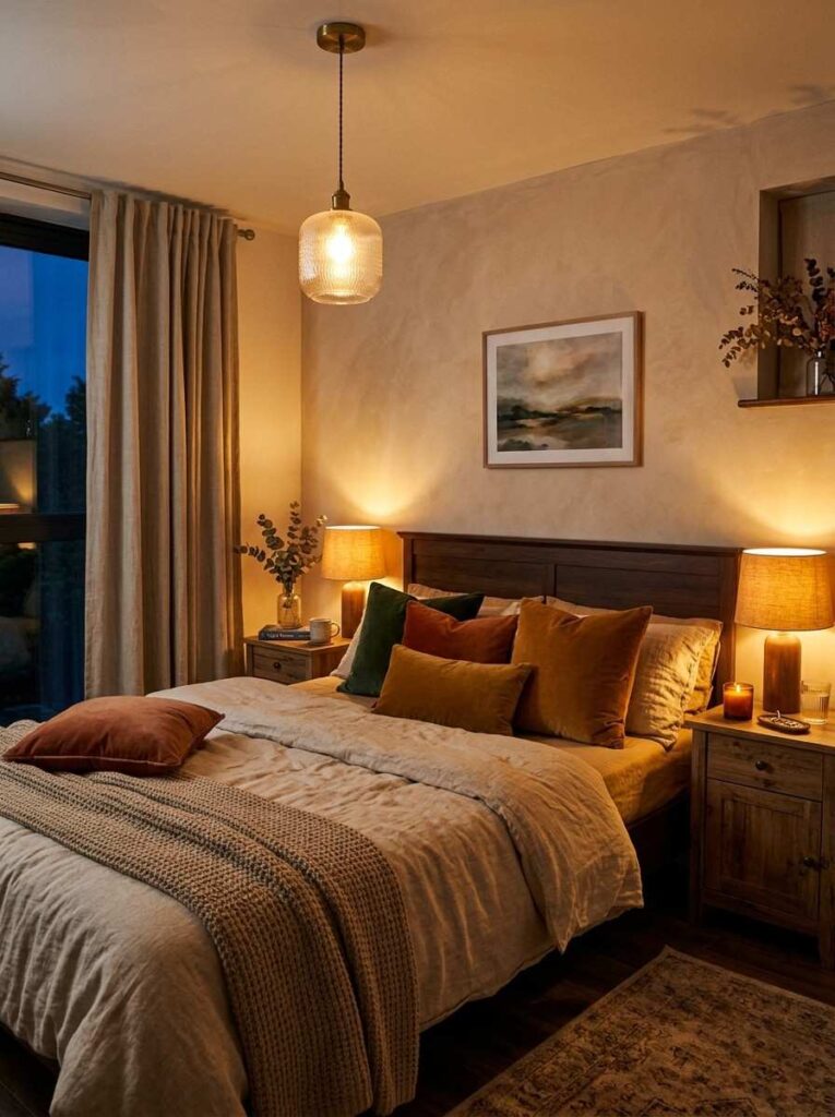 Warm ambient bedroom lighting with bedside lamps and pendant light for romantic couples bedroom