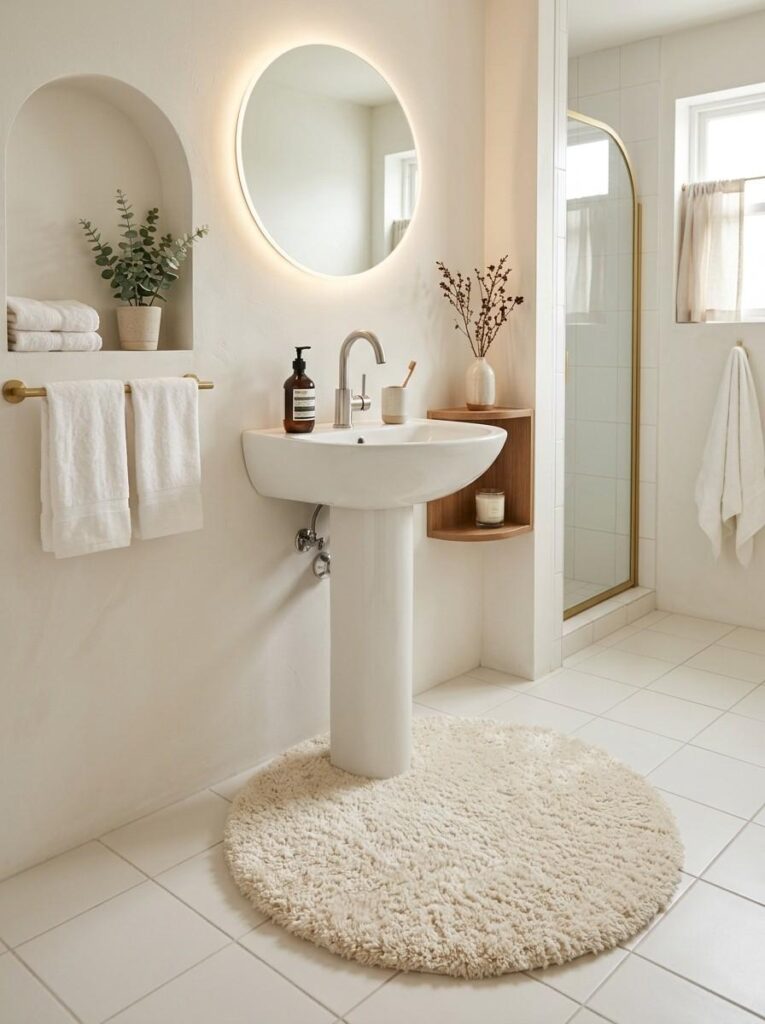 Round bathroom rug creating a soft focal point in a small bathroom.