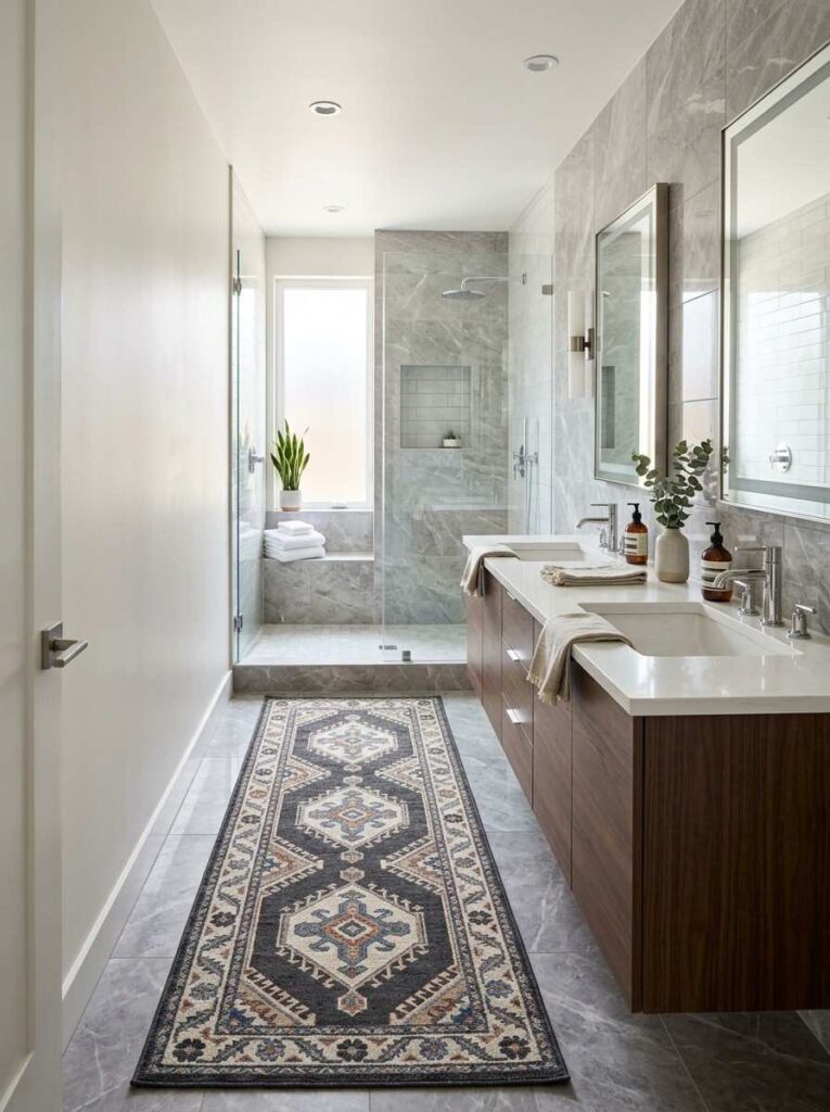Long runner rug placed in a narrow modern bathroom with double sinks.