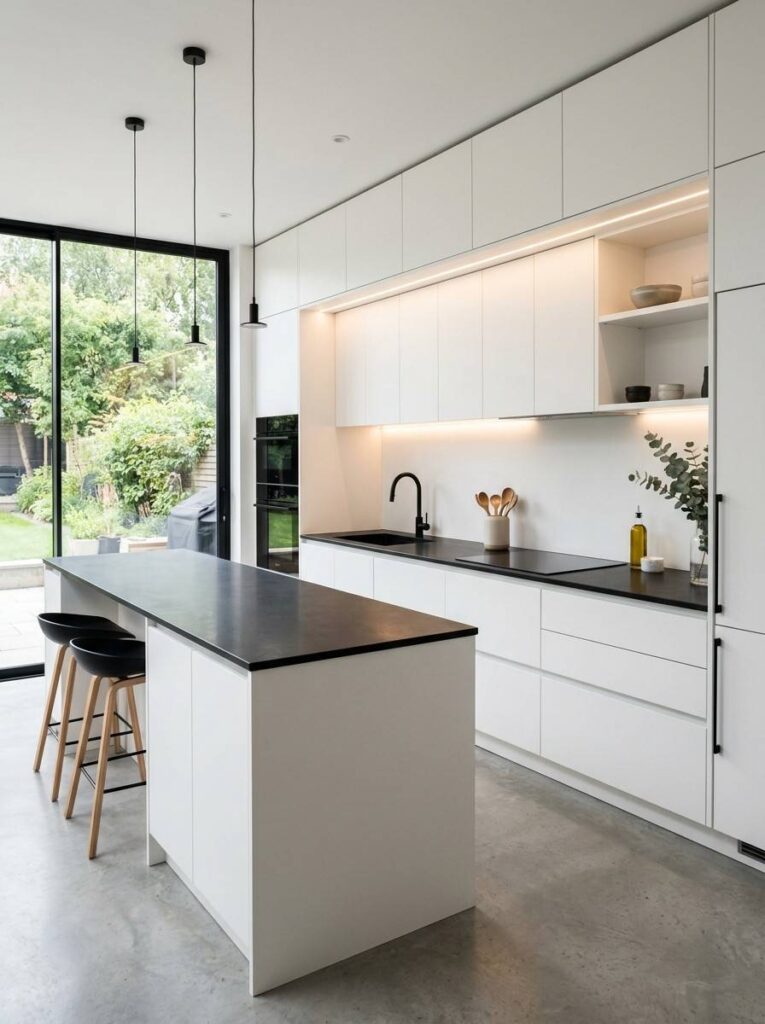 Black quartz countertops with handleless white cabinets under cabinet lighting and minimal decor in a sleek contemporary kitchen