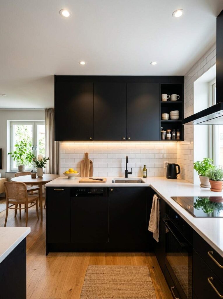 Small kitchen with black cabinets white countertops glossy backsplash tiles and under cabinet LED lighting creating a stylish cozy and intentionally designed compact space
