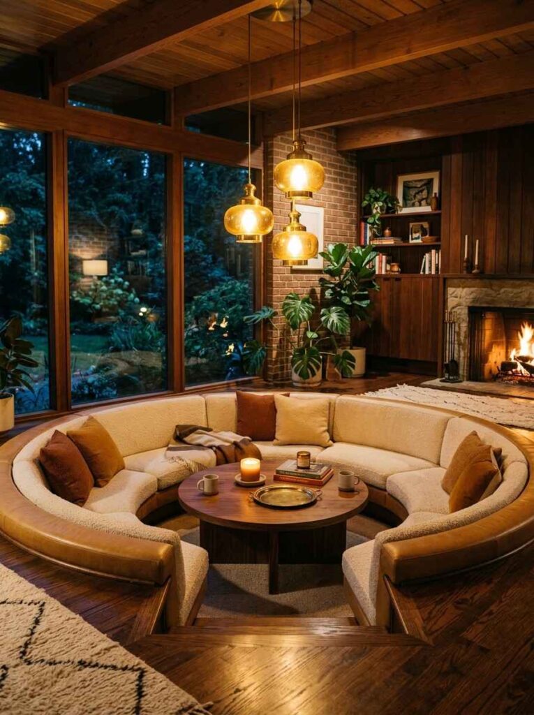 Classic sunken conversation pit with wraparound seating and warm pendant lighting.