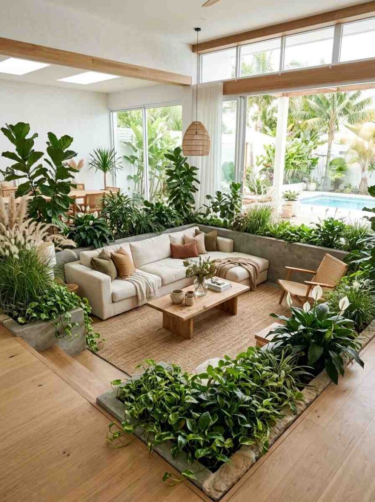 Sunken living room bordered by lush indoor plants and greenery.