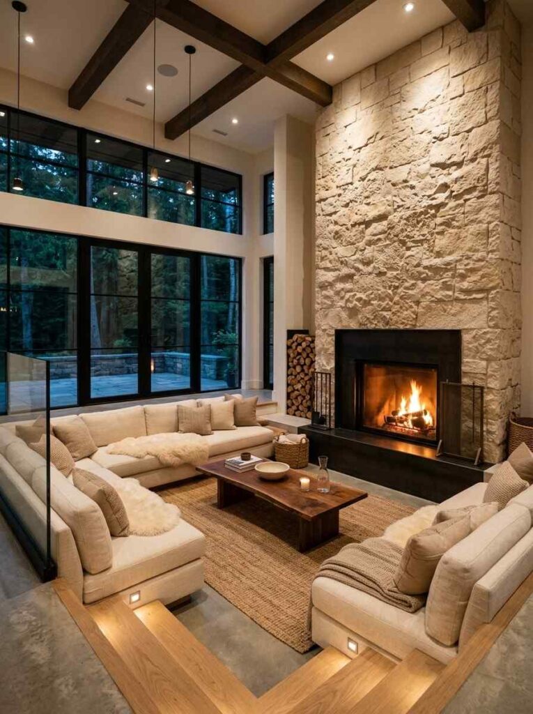 Sunken lounge featuring a tall stone fireplace wall and cozy cream seating.