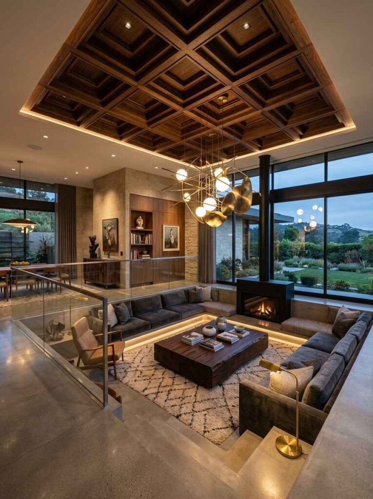Sunken living room with dramatic ceiling details and a large pendant light.