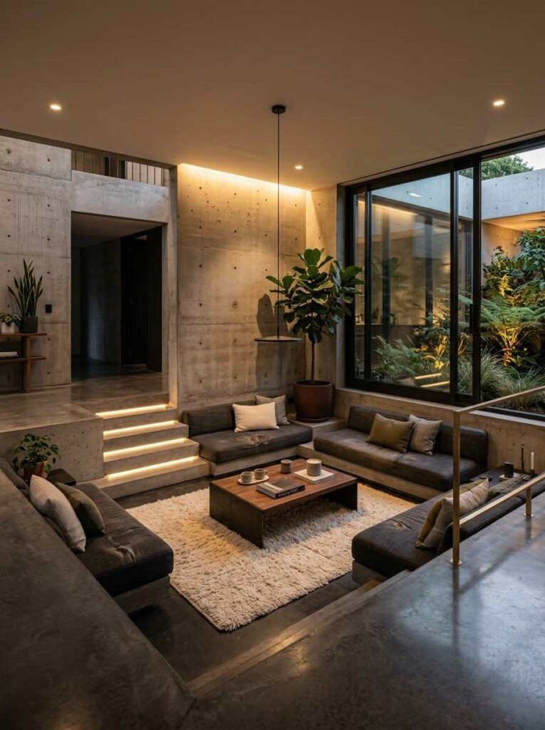 Minimalist concrete sunken living room with modern industrial design details.
