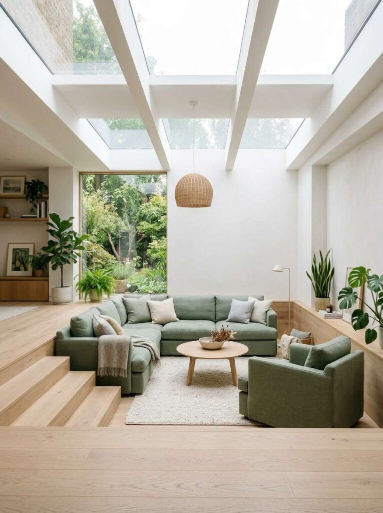 Sunken living room with skylights bringing in soft natural daylight.