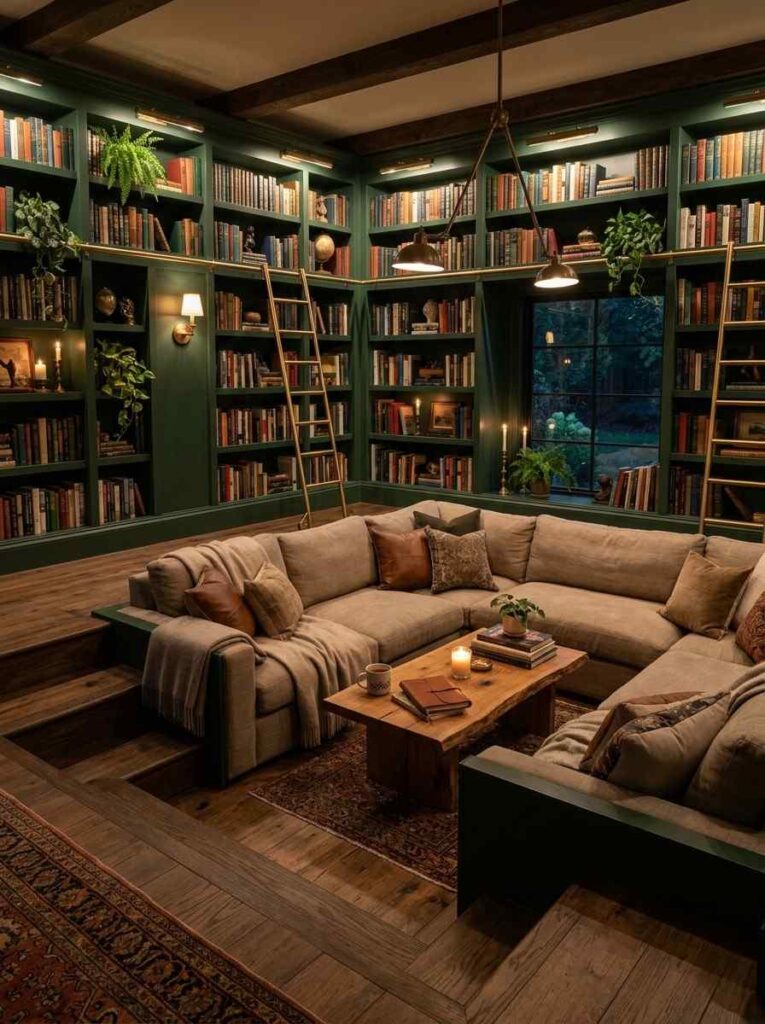Sophisticated sunken lounge surrounded by floor-to-ceiling built-in bookshelves painted deep forest green, filled with books, candles, and plants, warm lighting, plush neutral sofa, cozy intellectual atmosphere, luxury library-inspired interior design