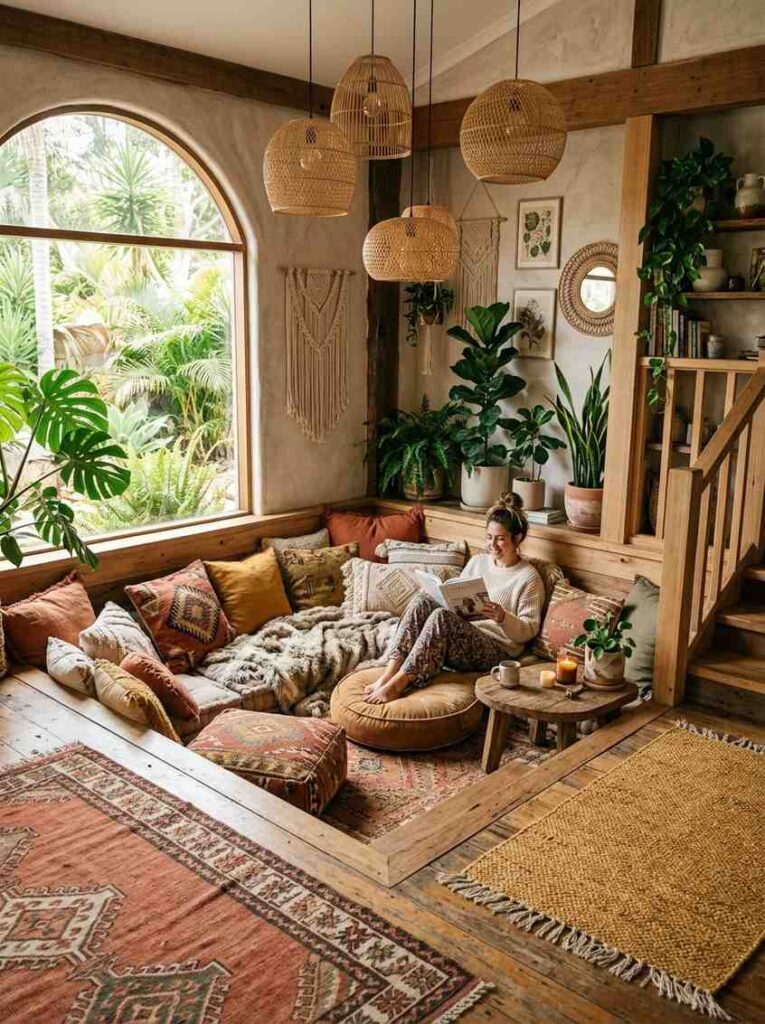 Boho sunken living room with colorful floor cushions and earthy decor.
