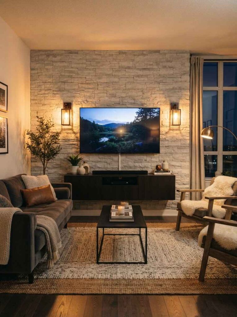 Light grey stone veneer TV wall with Edison sconces and dark media console in cozy industrial living room