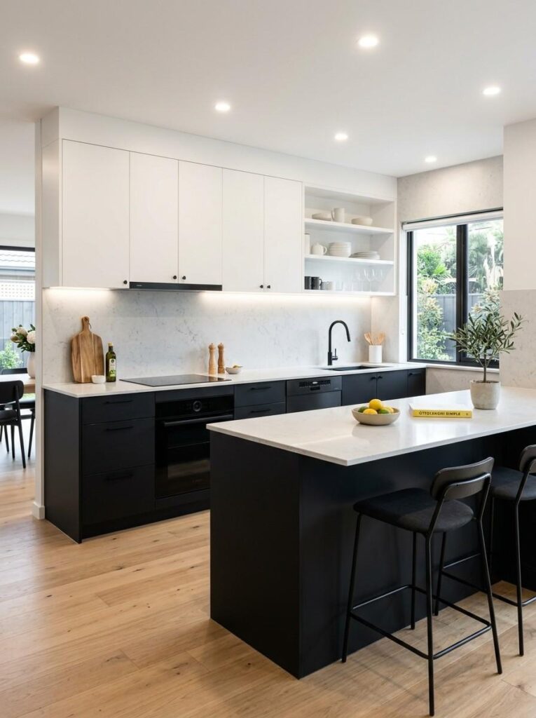 Two tone kitchen with white upper cabinets and black lower cabinets light stone countertops and black appliances creating a balanced and dynamic modern design