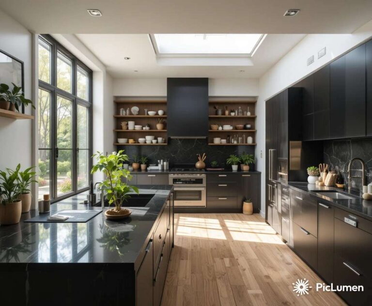 Kitchen with black countertops styled with white cabinets wood accents and fresh green plants in natural light