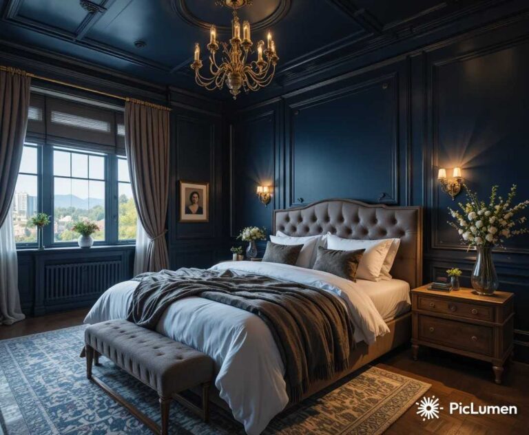 Navy blue bedroom ideas with deep navy walls white bedding warm lighting and wooden furniture in a cozy elegant space