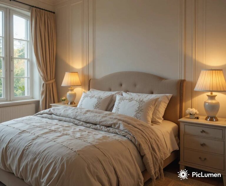 Romantic couples bedroom with soft neutral bedding warm lighting and fresh flowers