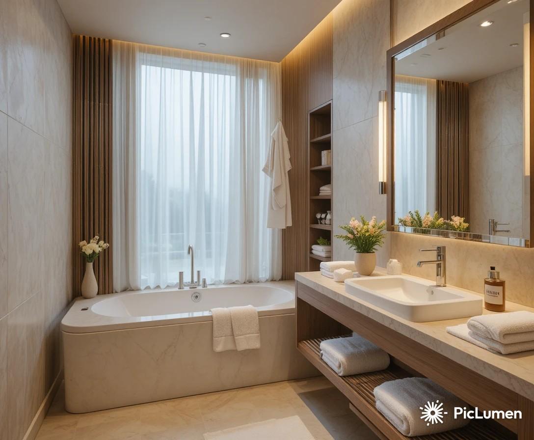 Beautiful spa like bathroom with warm lighting fluffy towels and wooden accents