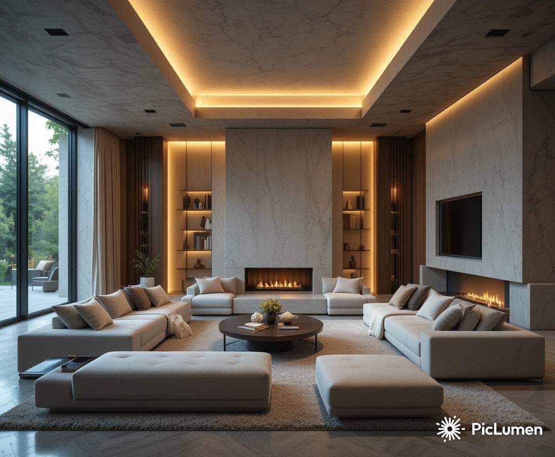 Luxury sunken living room with cozy seating and warm lighting creating a retreat-like atmosphere.