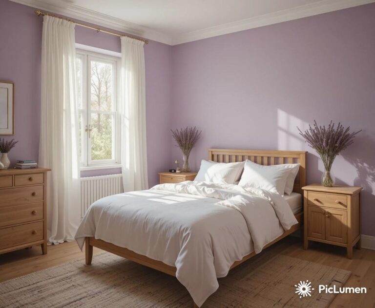 Purple bedroom ideas featuring soft lavender walls with white bedding and warm glowing bedside lamps