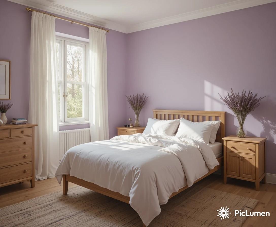 Purple bedroom ideas featuring soft lavender walls with white bedding and warm glowing bedside lamps