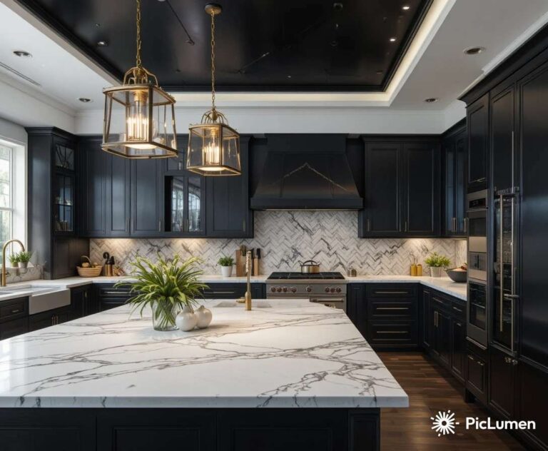 Stunning kitchen with black cabinets white marble countertops and gold hardware creating a bold and luxurious home interior design