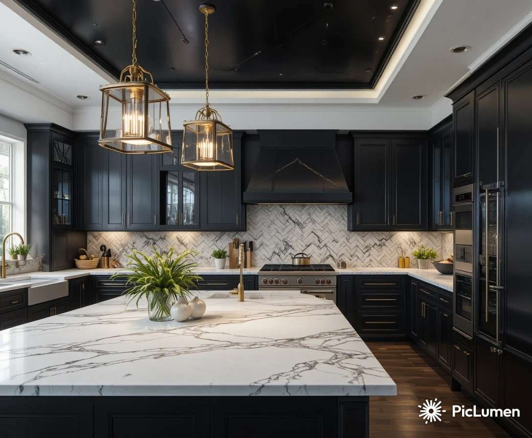 Stunning kitchen with black cabinets white marble countertops and gold hardware creating a bold and luxurious home interior design