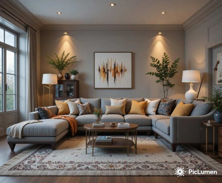 Stunning grey couch living room with layered throw pillows cozy area rug and warm ambient lighting creating a beautifully styled and inviting home space