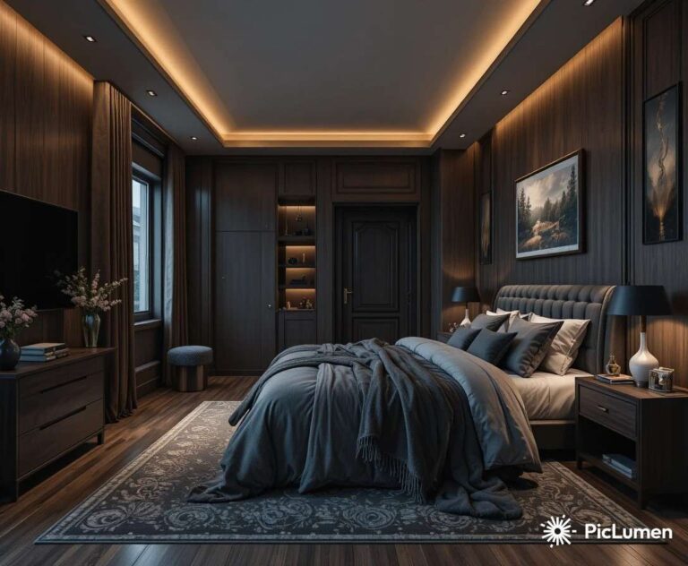 Modern masculine bedroom with dark wood furniture, layered bedding, and warm ambient lighting creating a cozy sanctuary.
