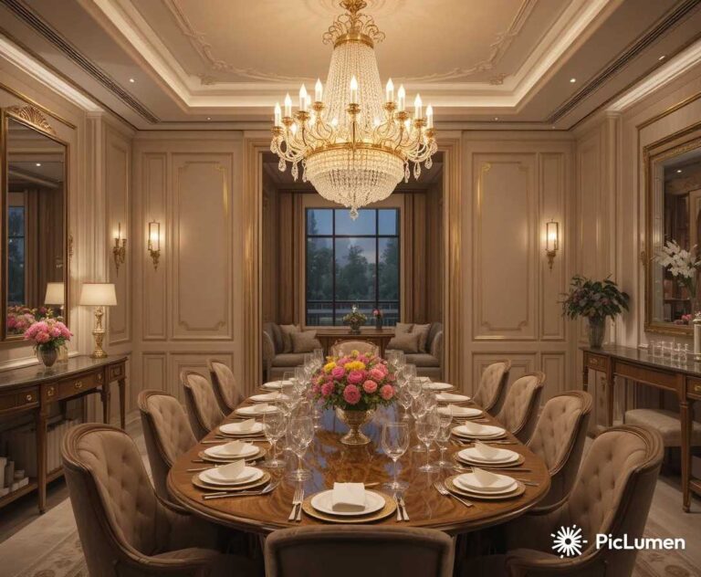 Elegant dining room with a glowing chandelier creating a warm and luxurious atmosphere