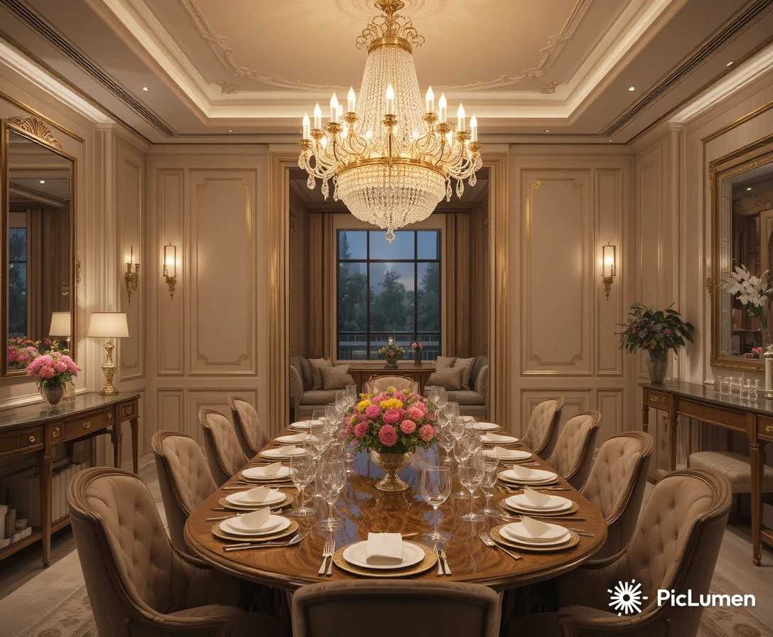 Elegant dining room with a glowing chandelier creating a warm and luxurious atmosphere