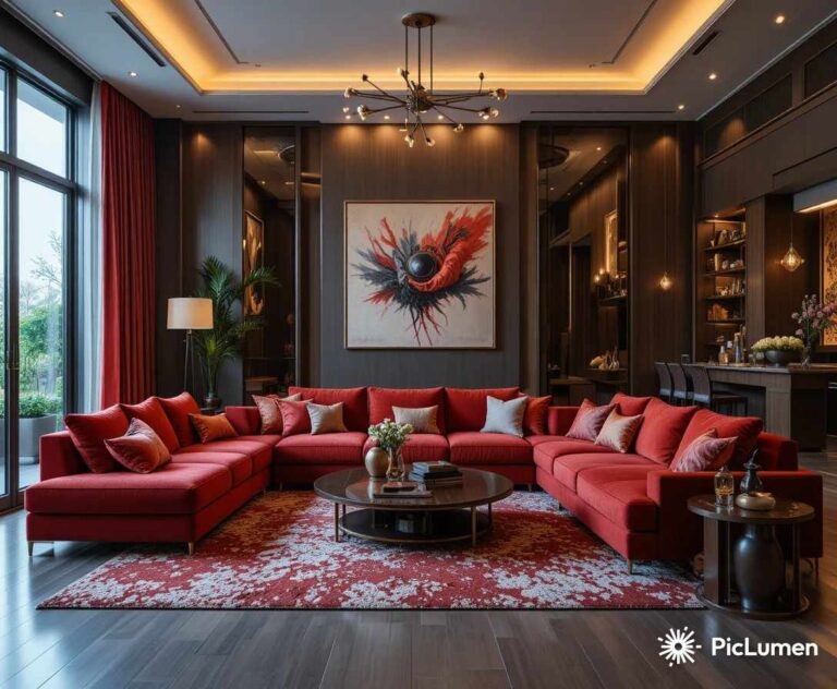 Modern living room with a bold red couch as the focal point and warm elegant décor.