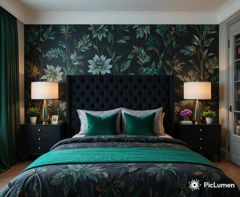 Black and green bedroom decor with emerald bedding and botanical wallpaper