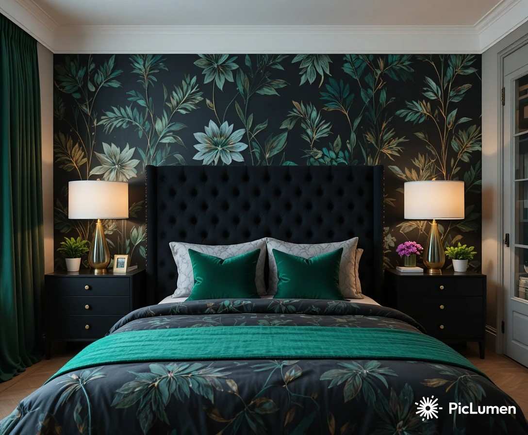 Black and green bedroom decor with emerald bedding and botanical wallpaper