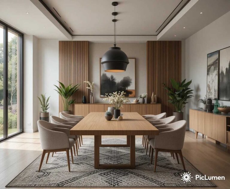 Modern dining room with a wooden dining table, pendant lighting, and elegant contemporary decor.
