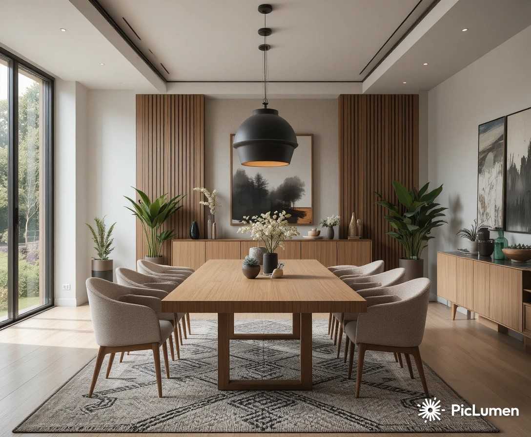 Modern dining room with a wooden dining table, pendant lighting, and elegant contemporary decor.
