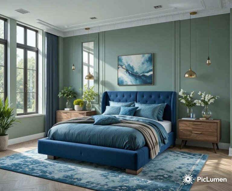 Modern blue and green bedroom with sage walls, navy bed, and calming contemporary decor.