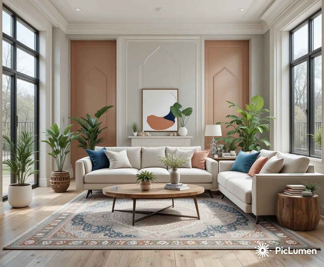 Modern living room featuring stylish living room color ideas with warm neutrals, blue, green, and terracotta accents.