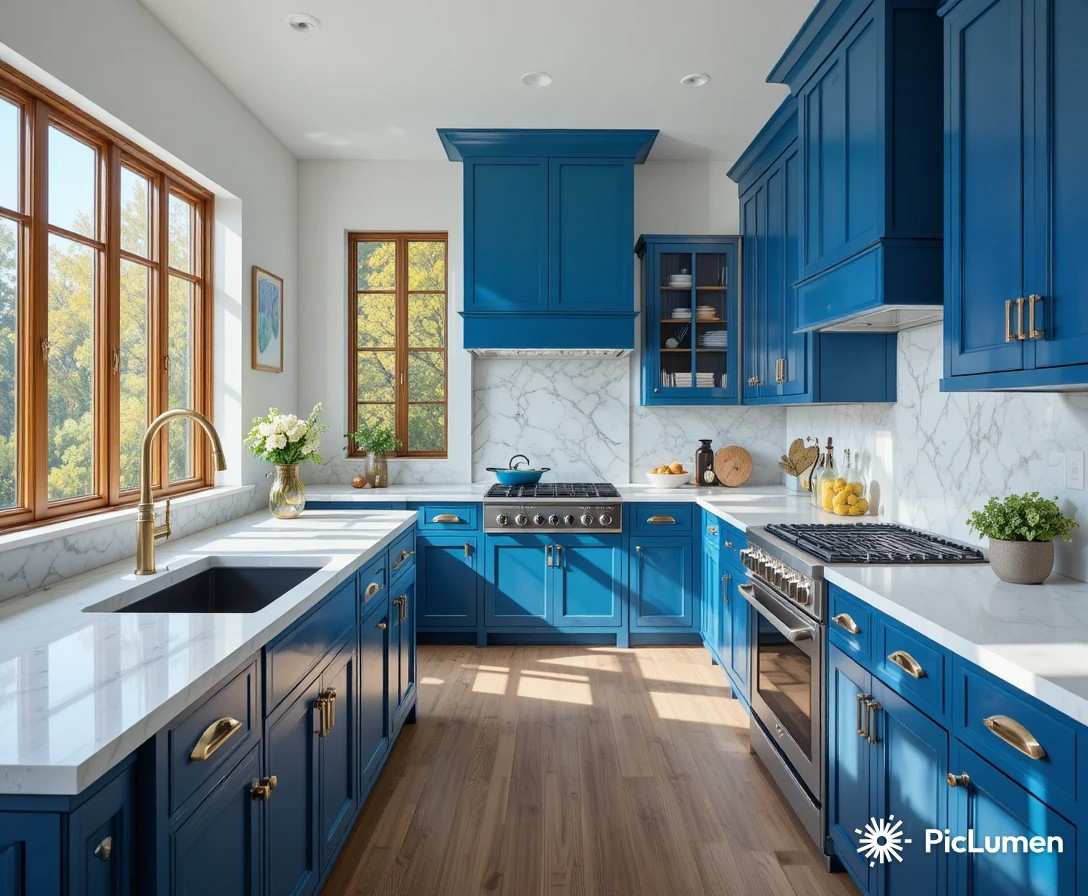Modern blue kitchen cabinets in different shades creating a stylish and elegant kitchen design.