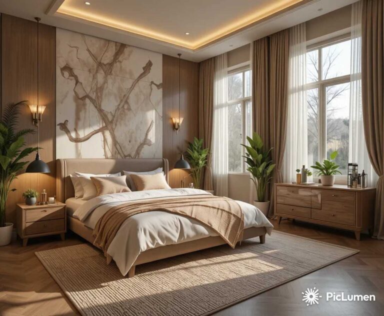 Beautiful aesthetic bedroom with cozy decor, warm lighting, layered bedding, and modern interior design inspiration.