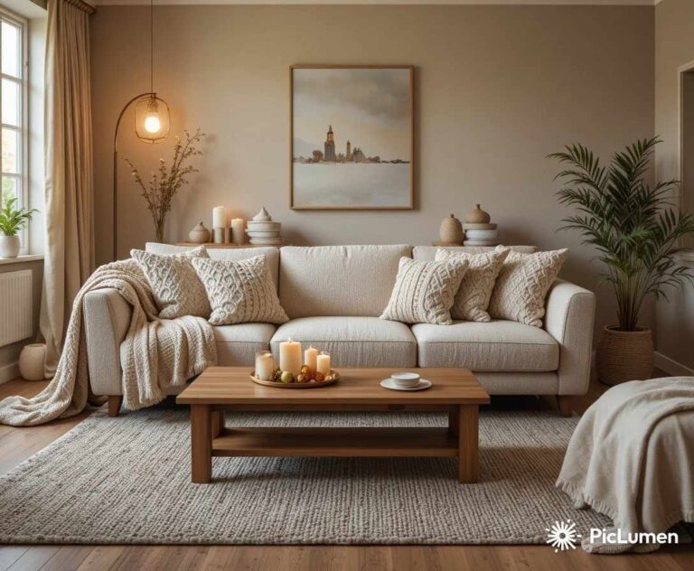 Cozy living room with warm lighting, soft textures, neutral colors, wooden furniture, and modern home decor.