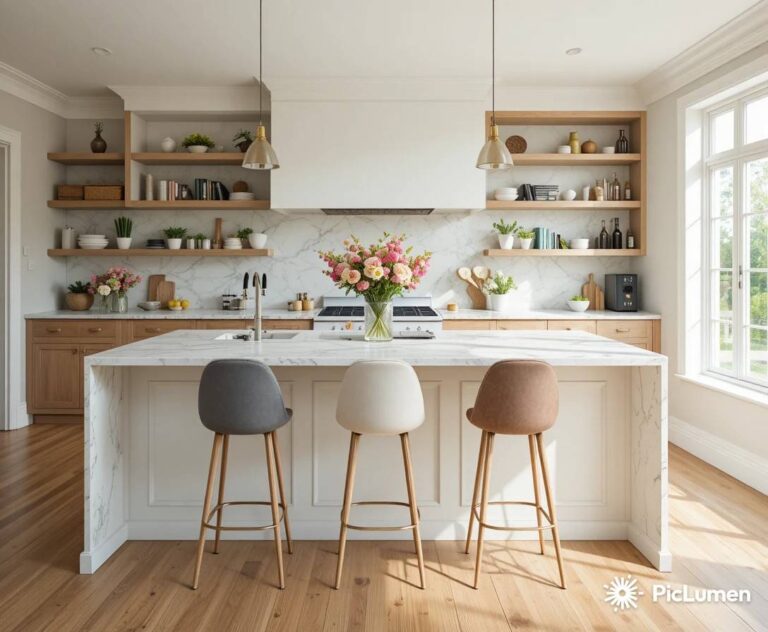 Stylish bar stools kitchen island with marble countertop warm wood floors and natural light in modern home