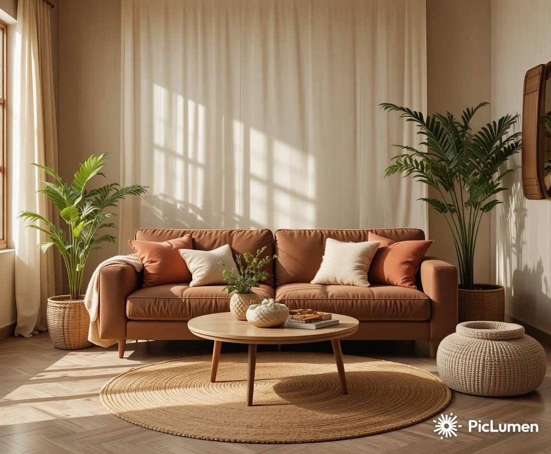 Warm and inviting living room with brown couch styled with cream cushions jute rug and green plants