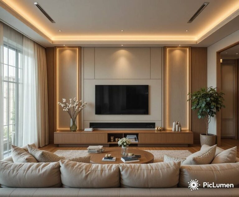 Warm and inviting living room TV wall ideas with neutral tones cozy sofa and soft ambient lighting