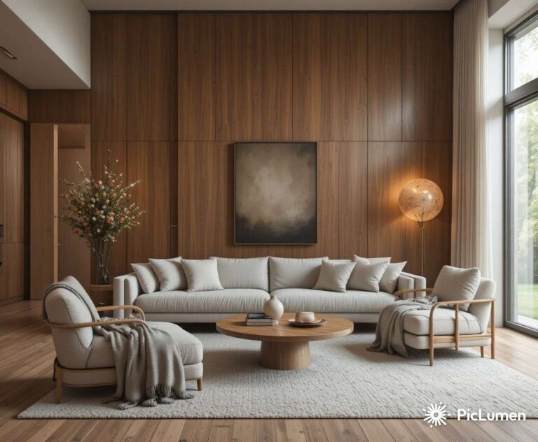 Beautiful home interior with warm wood panel feature wall cozy neutral furniture and soft ambient lighting