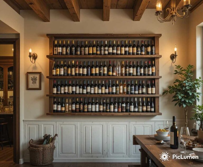 Beautiful wall wine rack display with warm wood tones and cozy ambient lighting in styled kitchen dining room