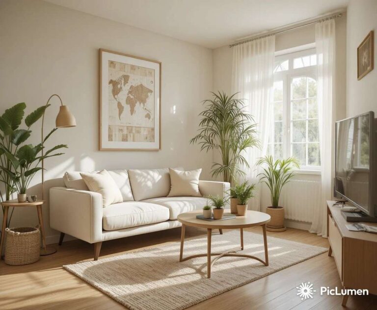Beautifully styled tiny living room with neutral tones natural light and cozy decor inspiration