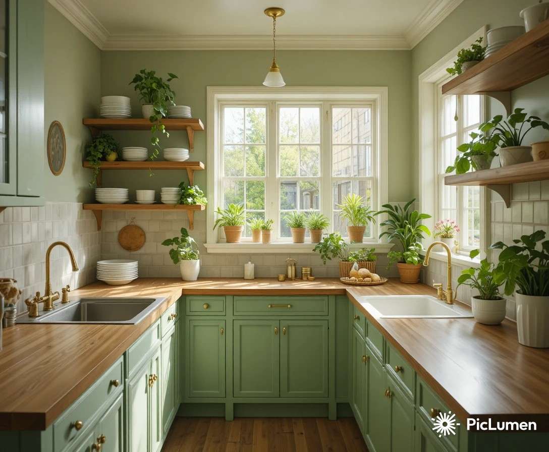 Beautiful green kitchen ideas with sage cabinets warm wood countertops and brass hardware in bright natural light