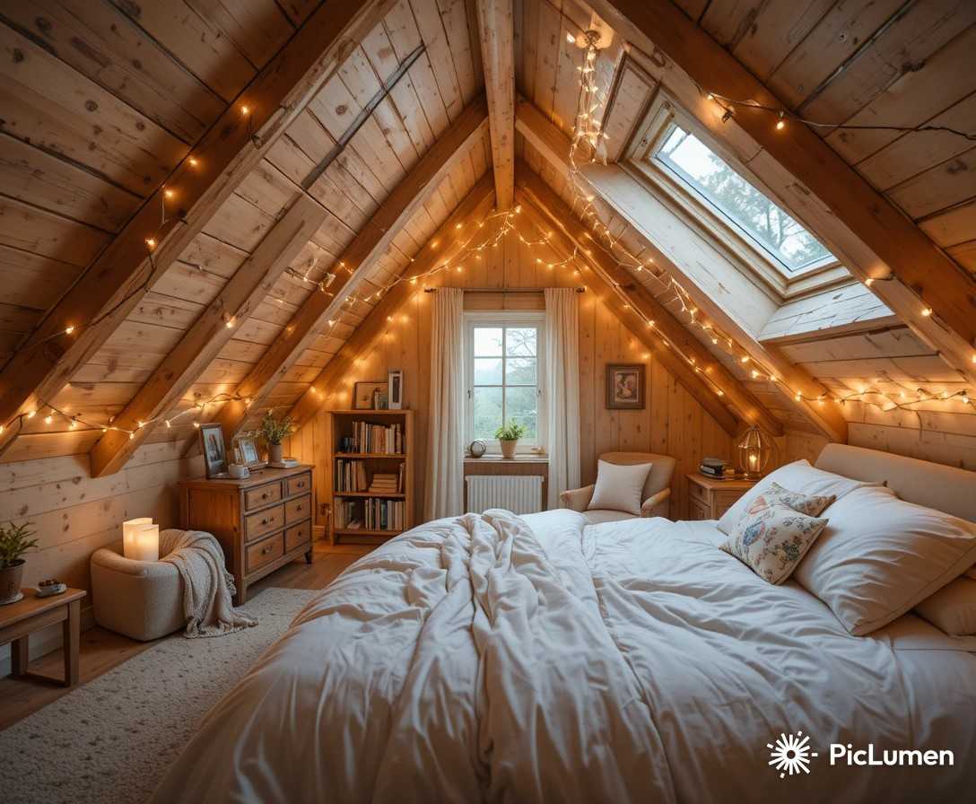 Cozy attic bedroom with sloped ceilings fairy lights and skylight in warm golden tones